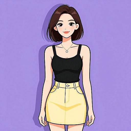 Digital anime-style drawing of a young woman with short brown hair, wearing a black tank top and yellow skirt, against a solid purple background.