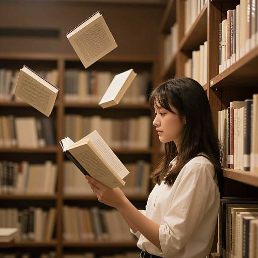 Young Woman Reading in Enchanted Library