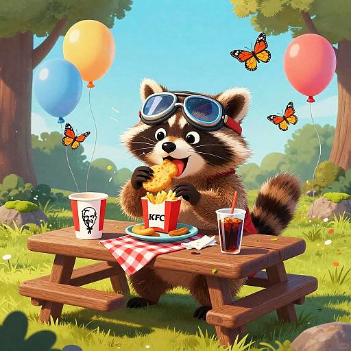Gleeful Raccoon Picnic Cartoon