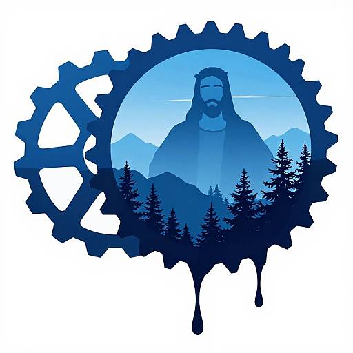 Blue Silhouette of Jesus with Cogs