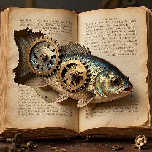 Photograph of a fish made from intricate mechanical gears and cogs, inserted into an open, aged book with torn pages. Warm, dramatic lighting highlights
