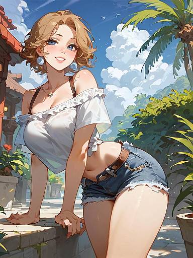 Young Woman in Daisy Duke Shorts on Palm-Lined Street