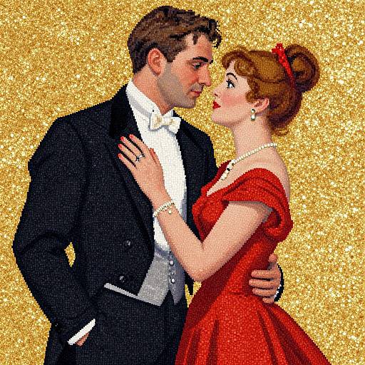 Digital illustration of a brown-haired couple in formal attire, man in black tuxedo, woman in red off-shoulder dress, against golden glitter