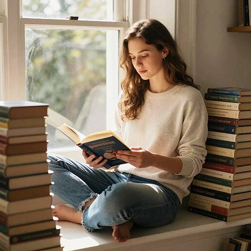 Photograph of a young woman with long brown hair, wearing a white sweater and blue jeans, reading a book on a sunlit window sill surrounded by