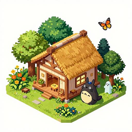 Pixel art of a thatched cottage with Totoro, a white cat, flowers, trees, and a butterfly, set on a grassy patch