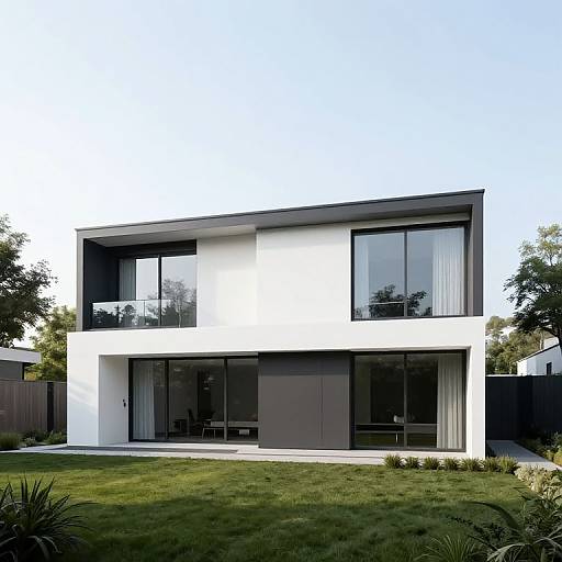 Photograph of a modern, two-story white house with large black-framed windows, minimalist design, and a lush green lawn in front.