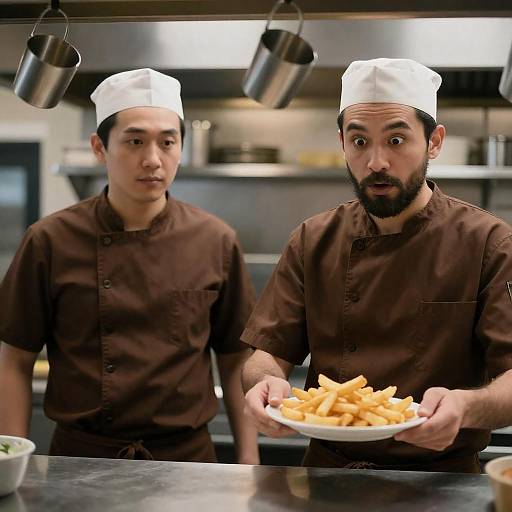 Surprised Chef Holding Plate of Fries