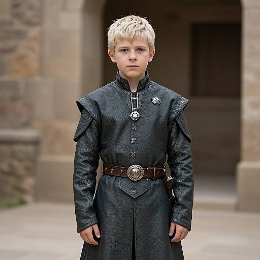 Photograph of a young boy with blond hair in a medieval-style black tunic with puffed sleeves, brown belt, and metal buttons, standing in