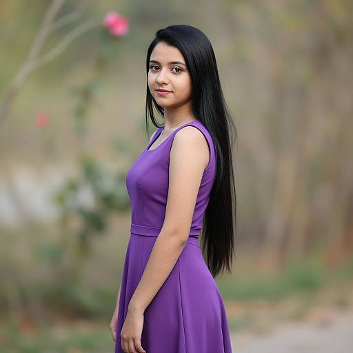 Photograph of a young woman with long black hair, wearing a sleeveless purple dress, standing outdoors with a blurred green and pink background.