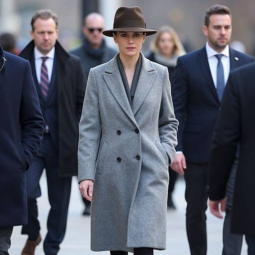 Photograph of a serious, fair-skinned woman in a grey double-breasted coat and brown fedora, walking past blurred men in suits. Urban