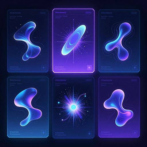 Digital illustration of six glowing, blue-purple, abstract alien-like forms on dark blue backgrounds, each with a unique celestial pattern and light effects.