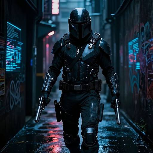 Cyberpunk-style digital artwork of a black-armored, masked figure with dual pistols, walking down a neon-lit, graffiti-covered, rain-so