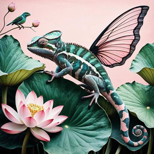 Chameleon with Watercolor Wings on Lotus