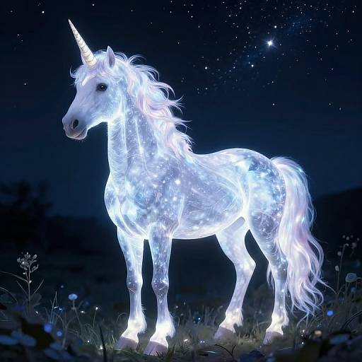 Photograph of a glowing, white, illuminated unicorn with a spiraled horn, standing in a dark, starry night field with scattered flowers.