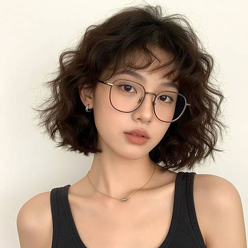 Photograph of an Asian woman with wavy black hair, wearing round glasses, black tank top, gold necklace, and hoop earrings, against a white