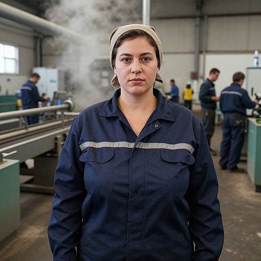 Photograph of a serious-looking woman in a navy work uniform with a white headscarf, standing in a smoky industrial workshop. Background includes other
