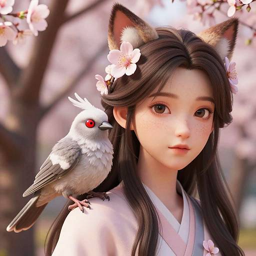 Digital art of an anime-style girl with cat ears, long black hair, and pink cherry blossoms, wearing a white kimono, with a small