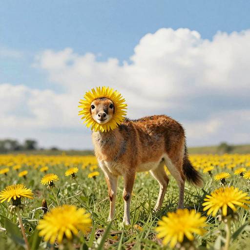 Animal with Sunflower Head in Flower Field