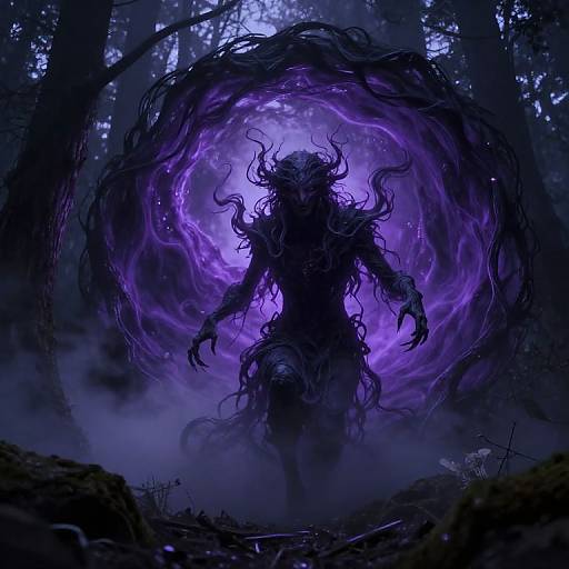 Digital fantasy artwork of a dark, twisted, horned figure with glowing purple aura and tendrils, emerging from a misty forest.