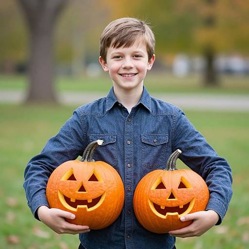 Photograph of a smiling young boy with brown hair, wearing a denim shirt, holding two carved jack-o'-lanterns with triangular smiles, in