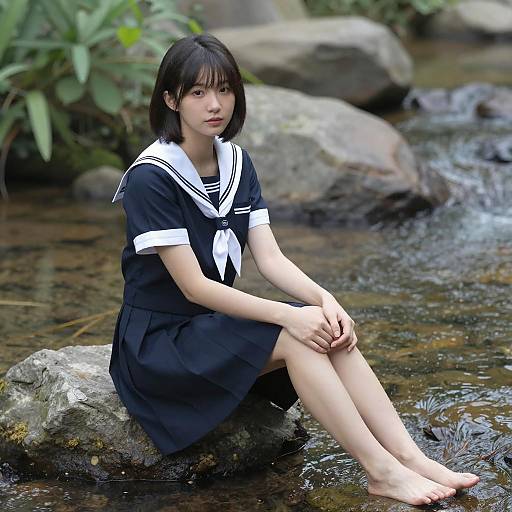 Serene Asian Woman in Stream Setting