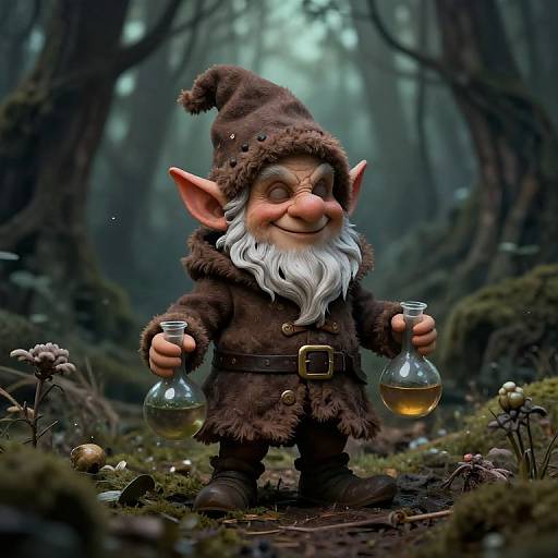 CGI fantasy image of a grinning, small, elf-like gnome with large ears, white beard, brown cloak, holding two glass flasks in