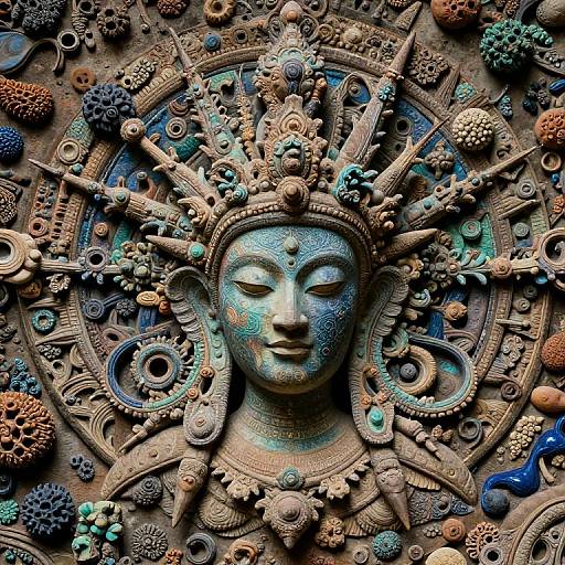 Detailed, colorful, 3D relief sculpture of a serene, blue-green face with intricate, sunburst-like, mechanical patterns in earthy and teal