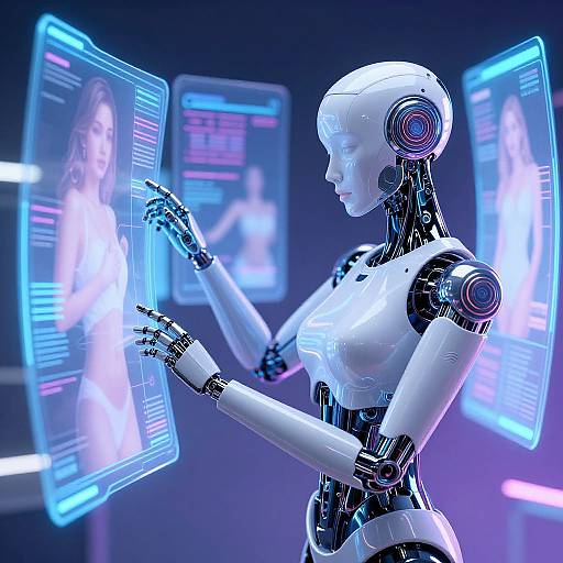 Photograph of a sleek, white humanoid robot with blue neon accents, interacting with holographic screens displaying a smiling woman.