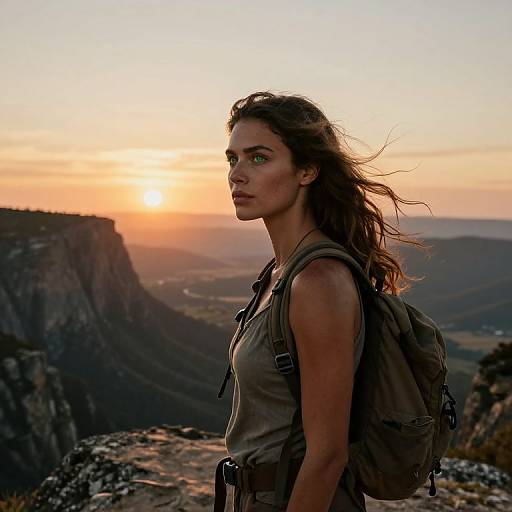 Photograph of a determined, brown-haired woman with green eyes, wearing a grey tank top and backpack, standing at a mountain peak during a stunning sunset