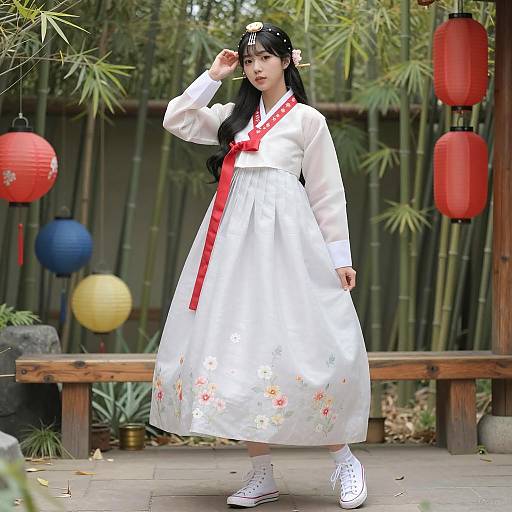 Asian Woman in Traditional Korean Hanbok with Modern Shoes in Bamboo Garden