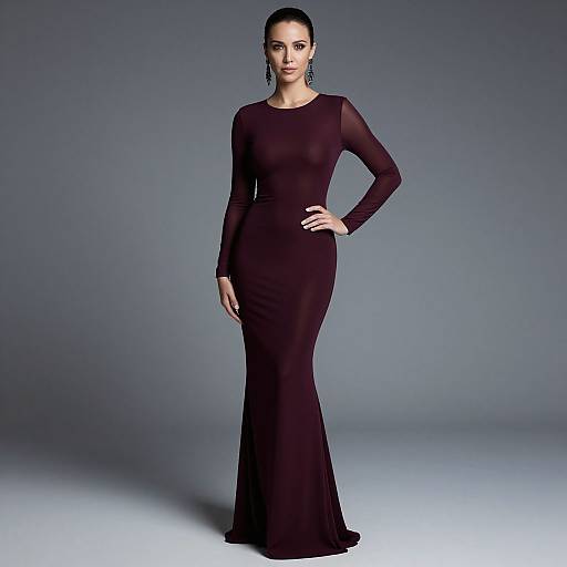 Photograph of a confident woman in a form-fitting, long-sleeve, sheer black evening gown, standing against a gradient gray background.