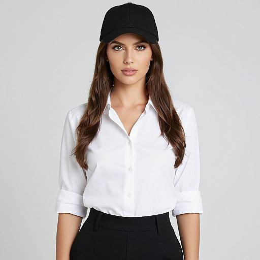 Photograph of a young woman with long brown hair, wearing a black baseball cap, white button-down shirt, and black high-waisted pants,