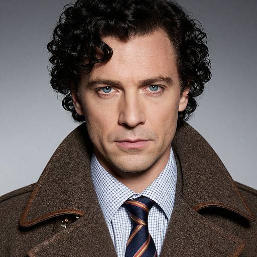 Photograph of a handsome, curly-haired man with blue eyes, wearing a brown tweed coat, white checkered shirt, and striped navy tie,