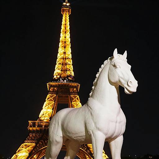 Photograph of a white, illuminated horse statue in front of the brightly lit Eiffel Tower at night, contrasting against the dark sky.