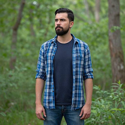 Photograph of a bearded man with dark hair, wearing a blue plaid shirt over a black t-shirt and jeans, standing in a lush green