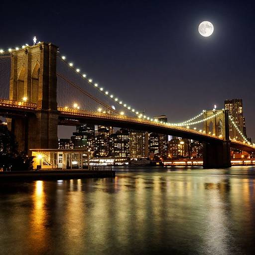 Photograph of illuminated Brooklyn Bridge at night with full moon, reflecting on the river, and city lights in the background.