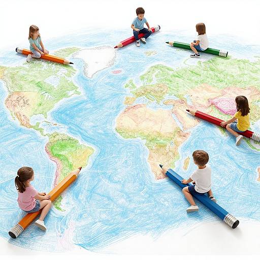 Photograph of six children, each holding a large colored pencil, sitting around a world map, drawing on the oceans and continents.