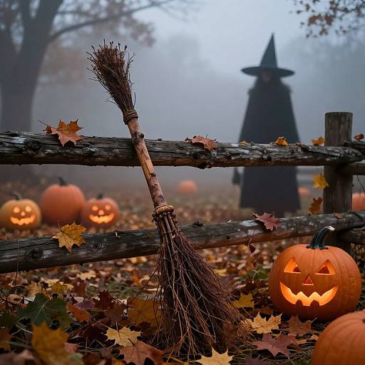 Photograph of foggy autumn scene with glowing jack-o'-lanterns, a witch hat silhouette, a broomstick on a wooden fence,