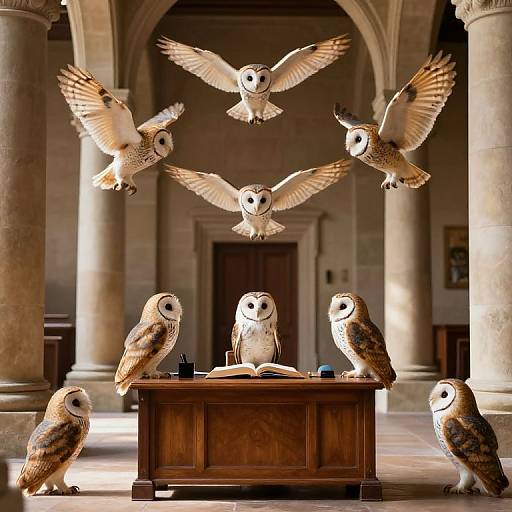 Photograph of five barn owls in a sunlit, stone-columned library. Four owls fly, one perched, surrounding a wooden desk