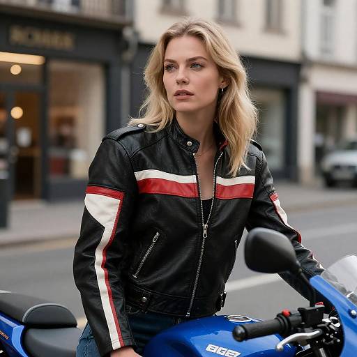 Blonde Woman in Leather Jacket with Blue Motorcycle