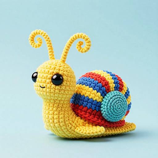Colorful crocheted snail with yellow body, black eyes, curly antennae, and striped shell (red, blue, yellow, and blue