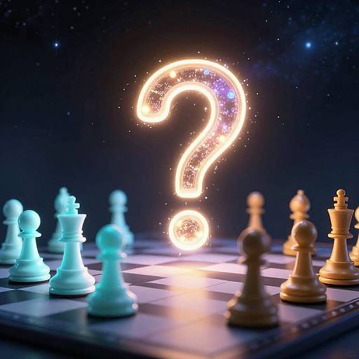 Cosmic Chessboard with Glowing Question Mark