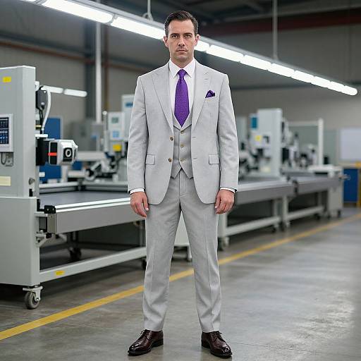 Photograph of a clean-shaven Caucasian man in a light gray suit, purple tie, and brown shoes standing in a brightly lit industrial factory with machine