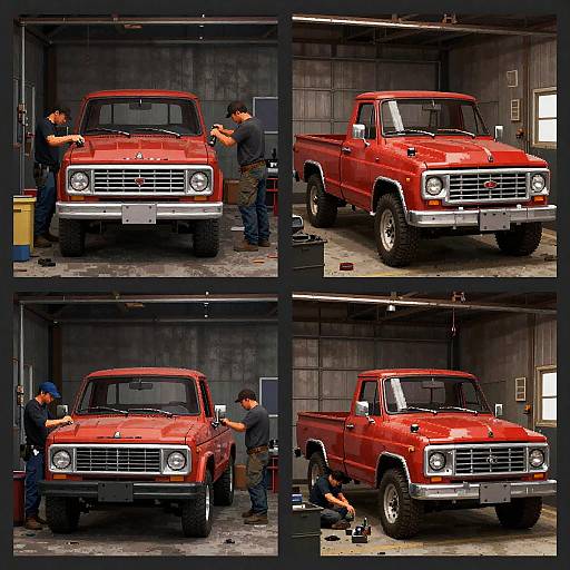 Pixelated Garage Scene with Vintage Trucks