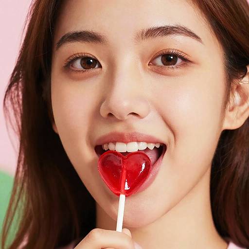 Playful Woman with Heart Lollipop