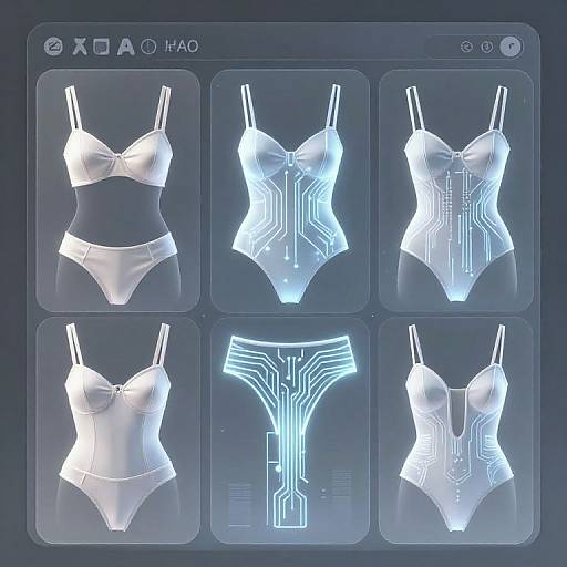 Photograph of glowing white futuristic lingerie with neon circuit patterns displayed in a dark, high-tech interface grid.