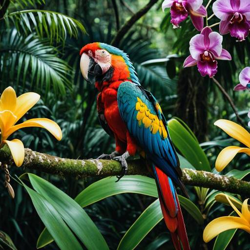 Vibrant Macaw Perched on Branch in Amazon Rainforest Vibrant Macaw Perched on Branch in Amazon Rainforest