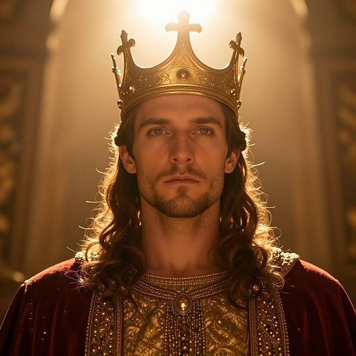 Photograph of a solemn, long-haired man with a beard, wearing an ornate gold crown and richly decorated red and gold robe, illuminated by