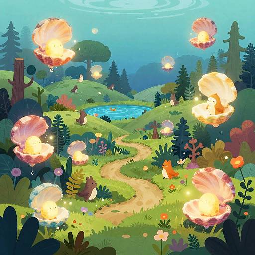 Whimsical digital painting of a vibrant forest meadow with glowing, floating orbs, winding path, pond, and colorful foliage under a blue sky.