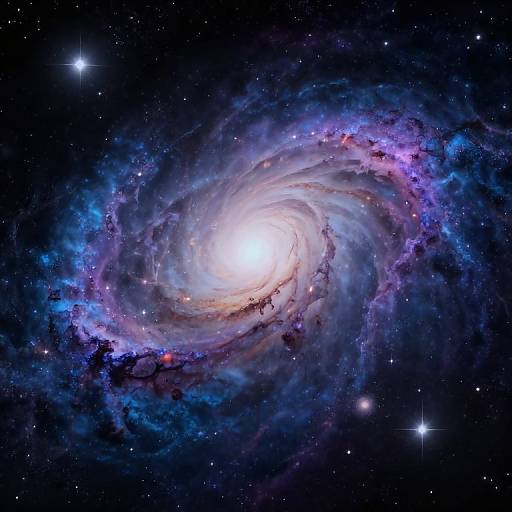 Photograph of a vibrant spiral galaxy with a bright white core, surrounded by swirling blue, purple, and pink nebulae, set against a dark